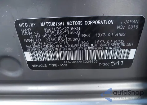 2019 Mitsubishi Outlander Sel из США, поврежденный, VIN JA4AZ3A3XKZ024402